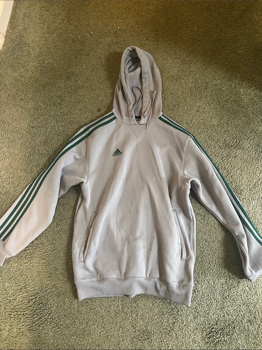 adidas Small Light Gray Hoodie with Green Three-Stripe Accents